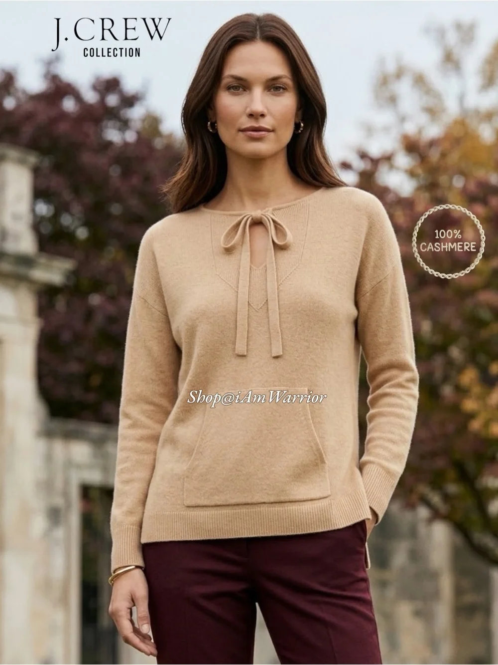 J.Crew Collection 100% Cashmere Tie Neck Kangaroo Pocket Sweater shop@iamwarrior